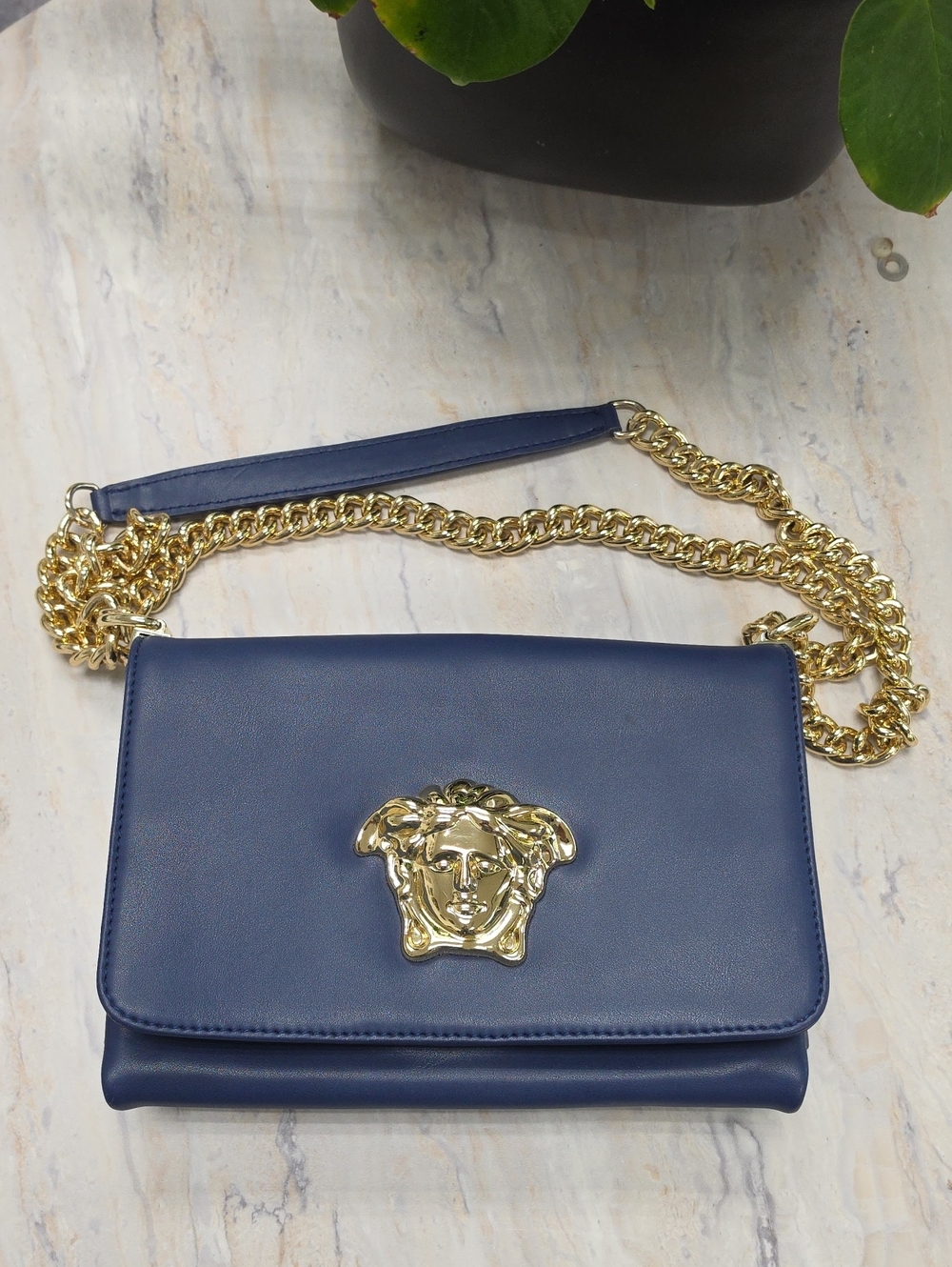 Versace Blue Leather Crossbody Bag with Gold Medusa Chain